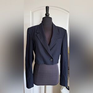 FRAME Double Breasted Cropped Blazer Navy Pinstripe Wool Blend Size S